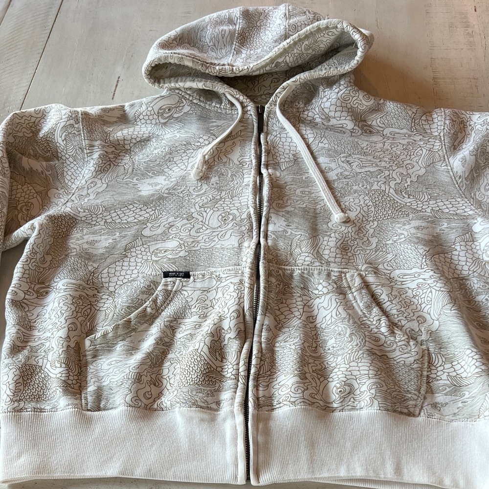 Marc Ecko Cut and Sew Hoodie White Gray Koi Dragon Design Large